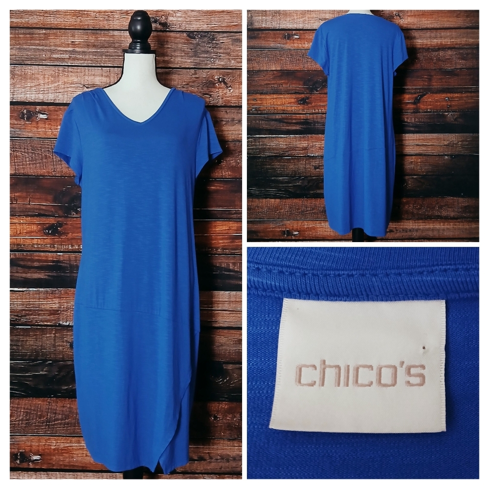 Chicos Midi Dress Size 2 US L Heathered Lapis Blue Rayon Envelope Hem Cap Sleeve